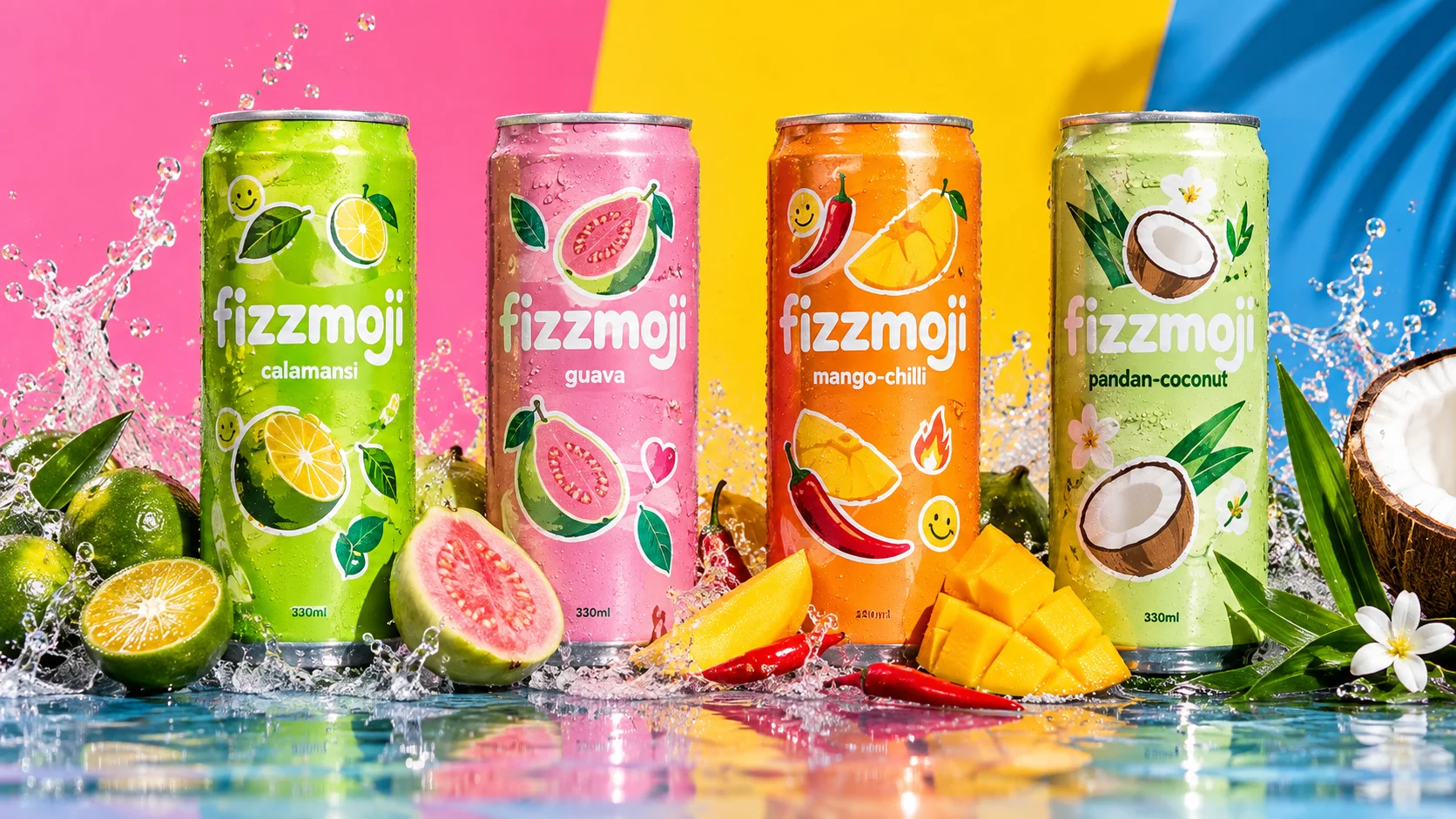 All four Fizzmoji flavours, ice-cold with real calamansi, guava, mango, chilli, coconut and pandan