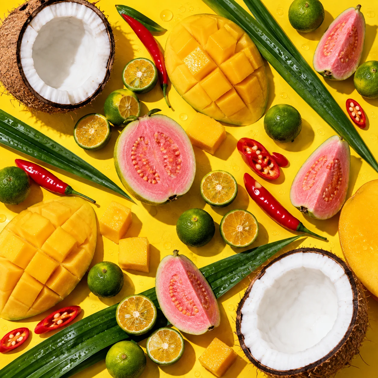 Fresh calamansi, pink guava, mango, red chilli, pandan leaves and coconut on a sunny yellow tabletop