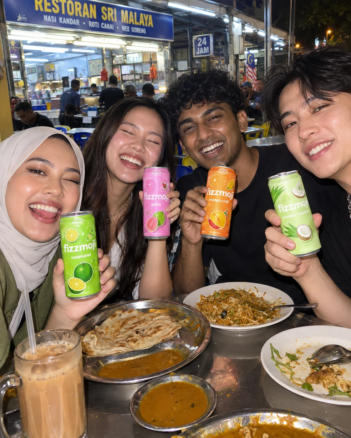 Four friends sharing Fizzmoji and a late-night meal at a Malaysian hawker table