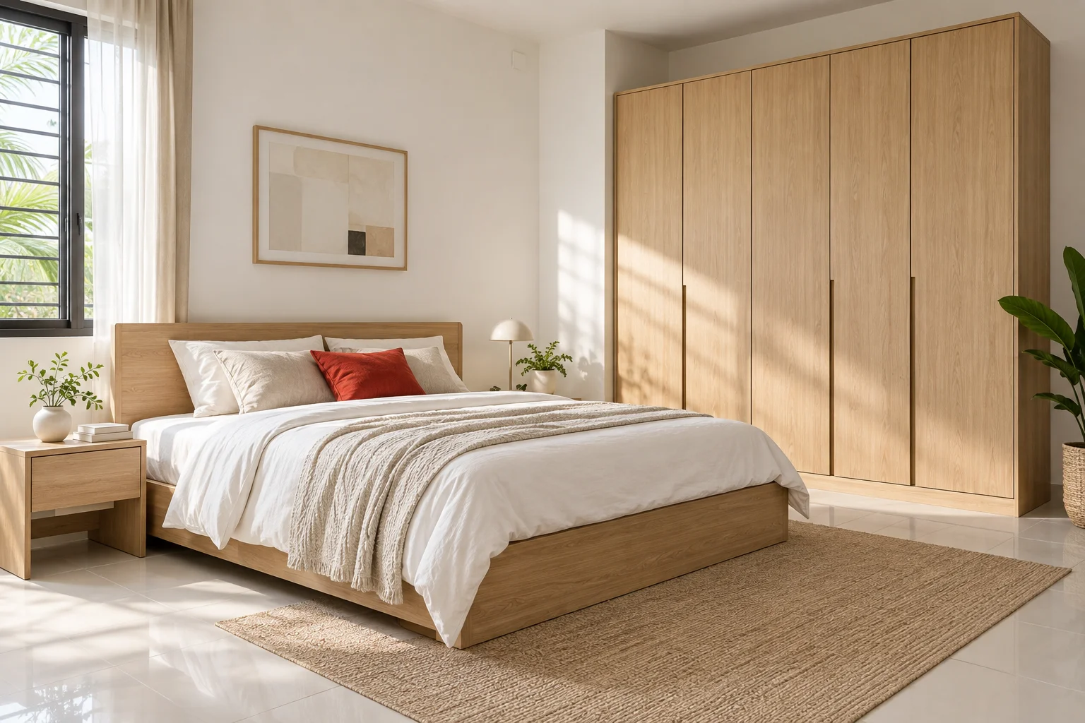 Concept bedroom with a light wood bed and wardrobe in soft daylight