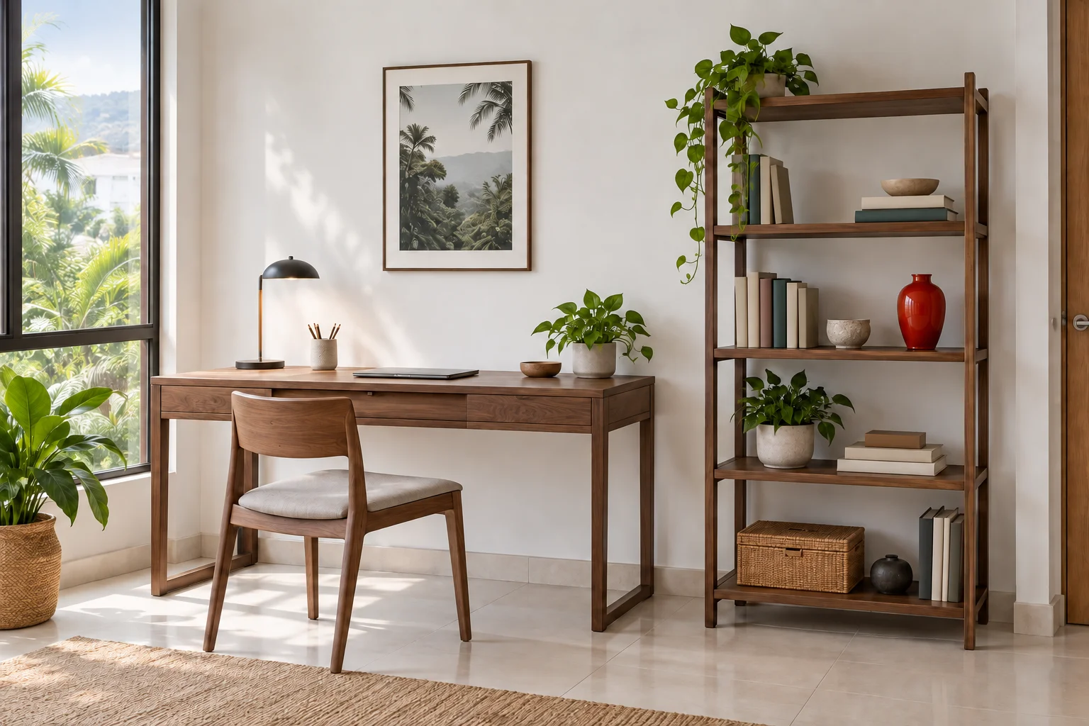Concept workspace with a walnut-toned desk and open shelving