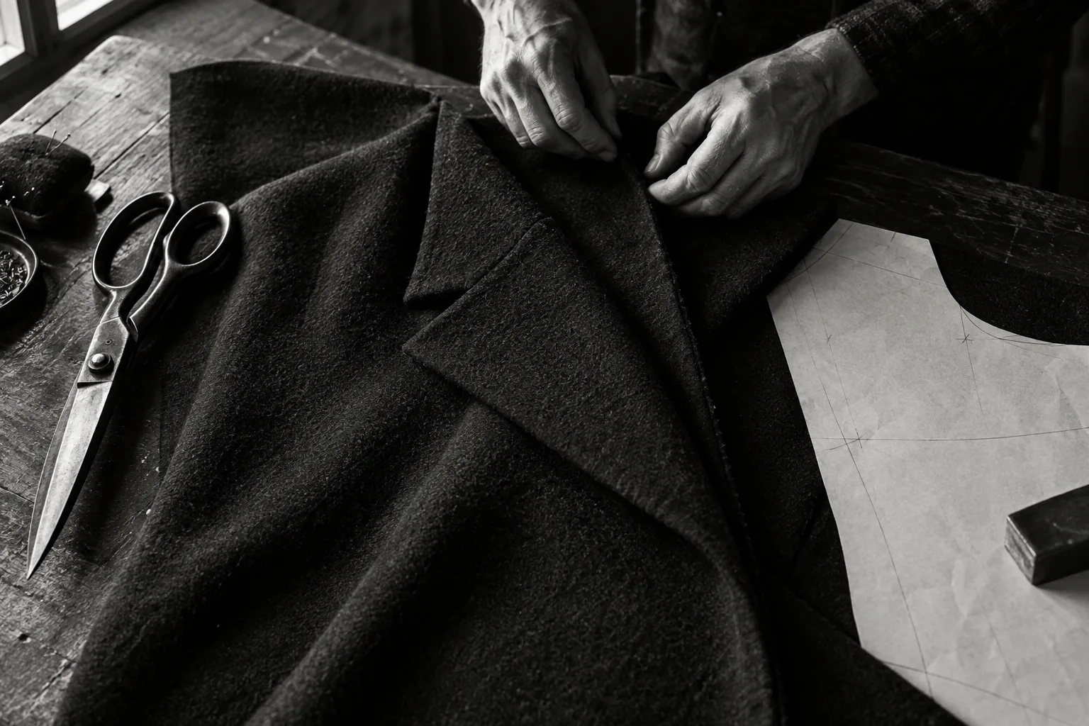 A tailor shaping black wool beside steel shears and a paper pattern