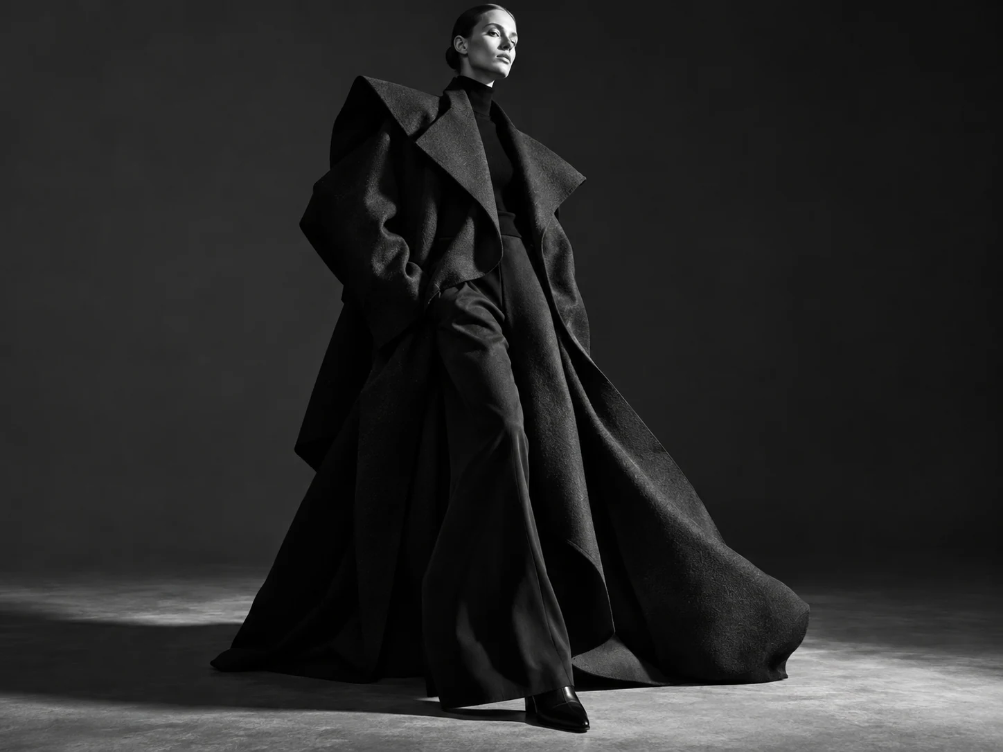 A model in a sculptural black coat and wide-leg trousers, lit by a single studio light
