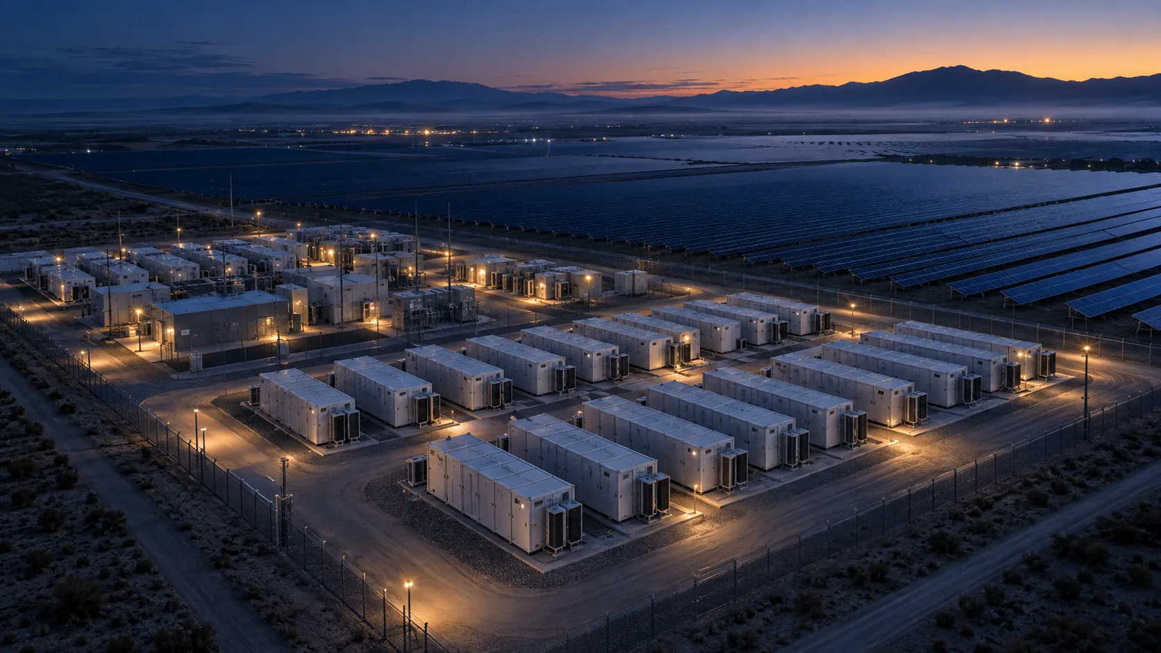 Grid-scale battery storage beside a solar field at dawn