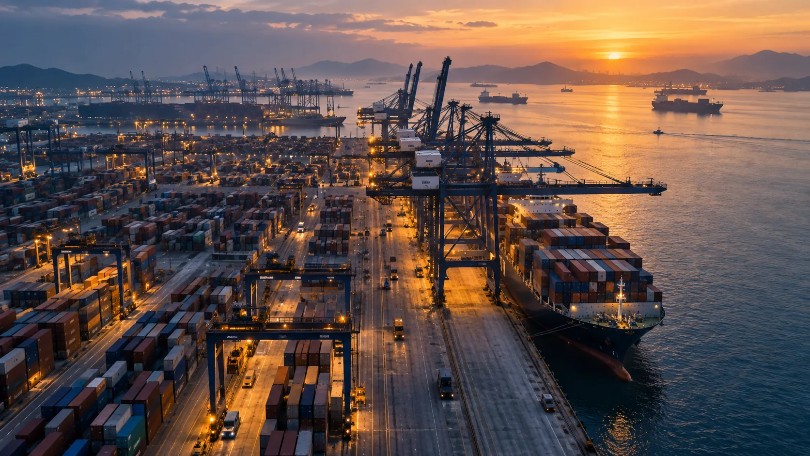 Aerial view of a container port at sunrise