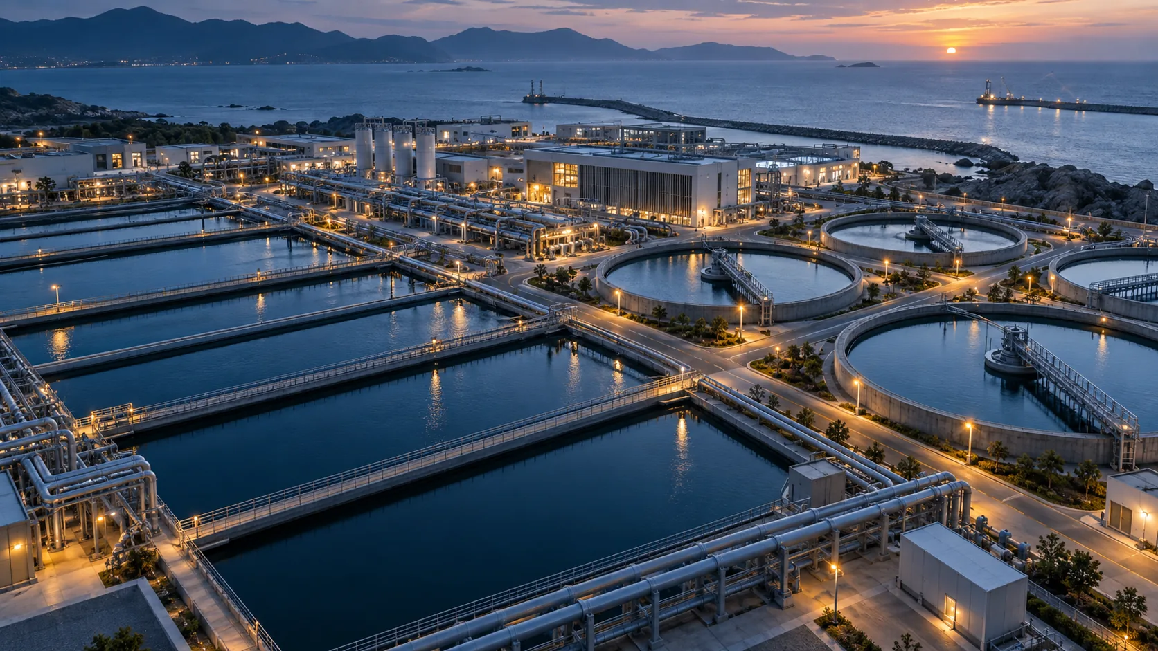 Coastal water treatment facility at dusk