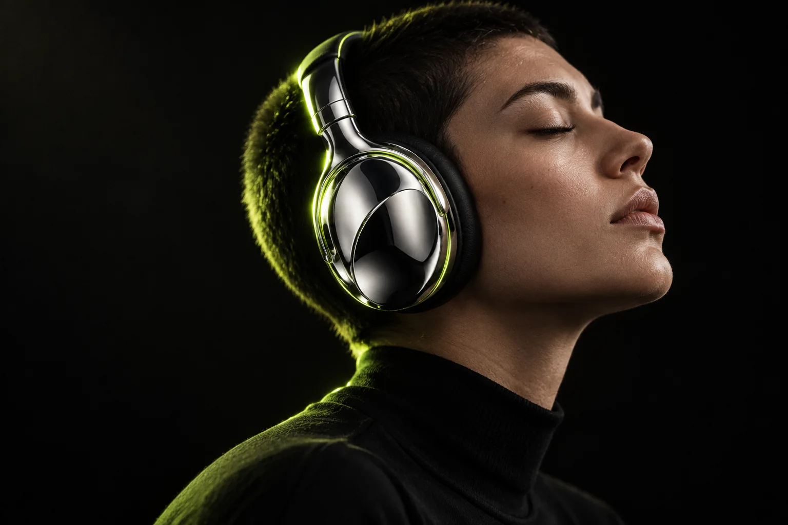 A listener with closed eyes wearing PHASE headphones in a quiet, dark studio