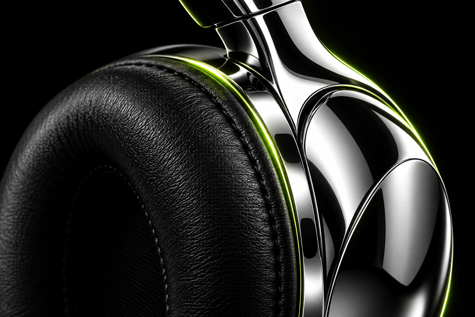 Close study of polished chrome and the soft black leather ear cushion