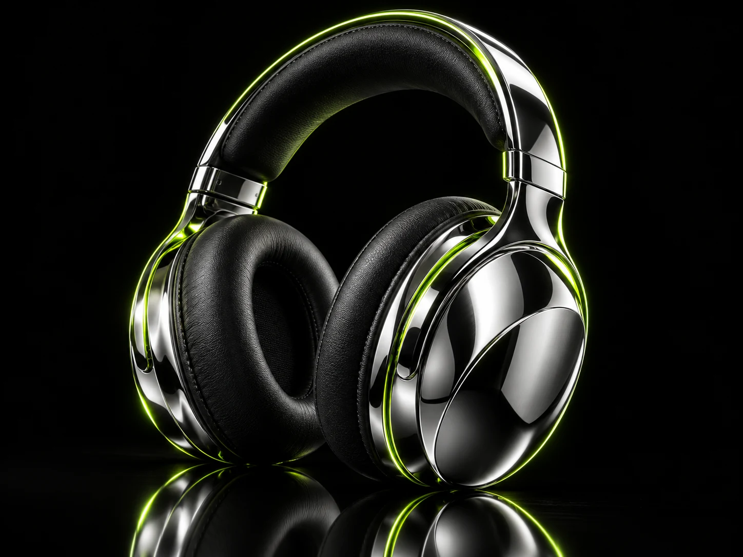 PHASE 01 chrome headphones with black leather cushions and acid-lime rim light